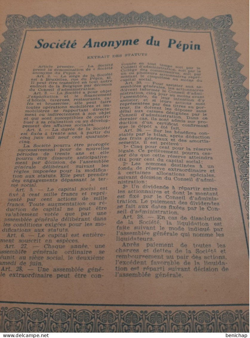 Société Anonyme Du Pépin - Hôtellerie -  Action De Capital De 1000 Frs Au Porteur - Bruxelles Juin 1945. - Banque & Assurance