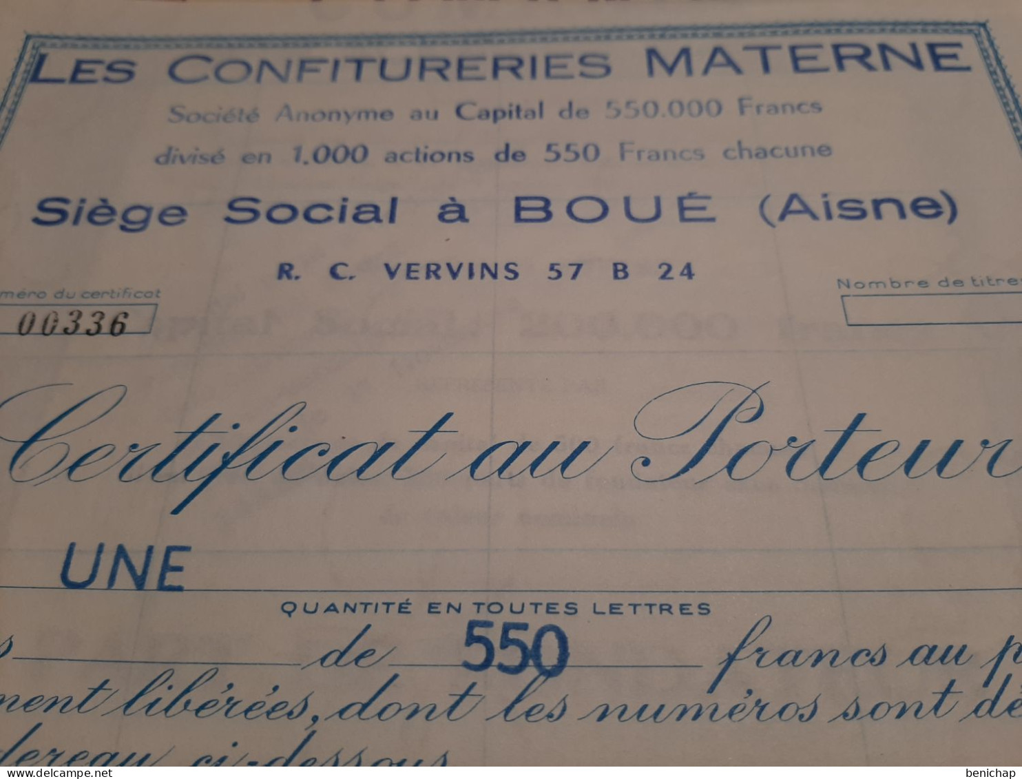 Les Confitureries Materne - Certificat Au Porteur De 1 Action De 550 Frs - Aisne - Boué - 1 Octobre 1966. - Agricoltura