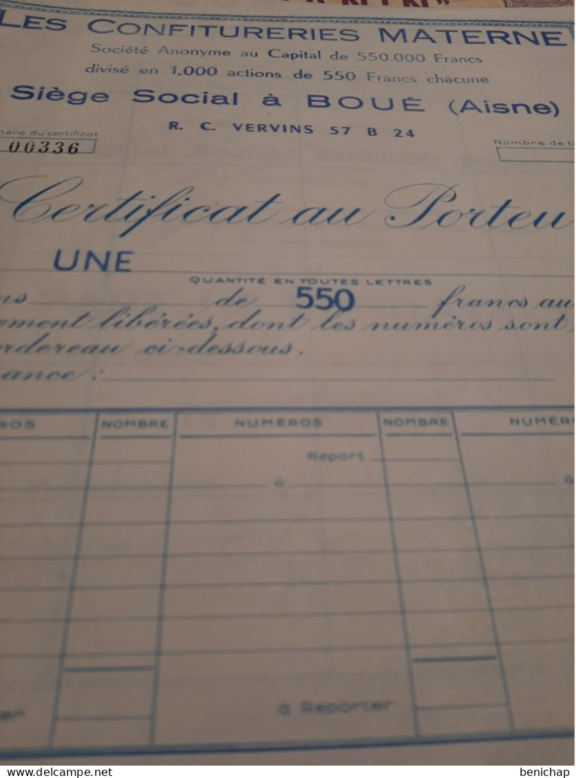 Les Confitureries Materne - Certificat Au Porteur De 1 Action De 550 Frs - Aisne - Boué - 1 Octobre 1966. - Landwirtschaft