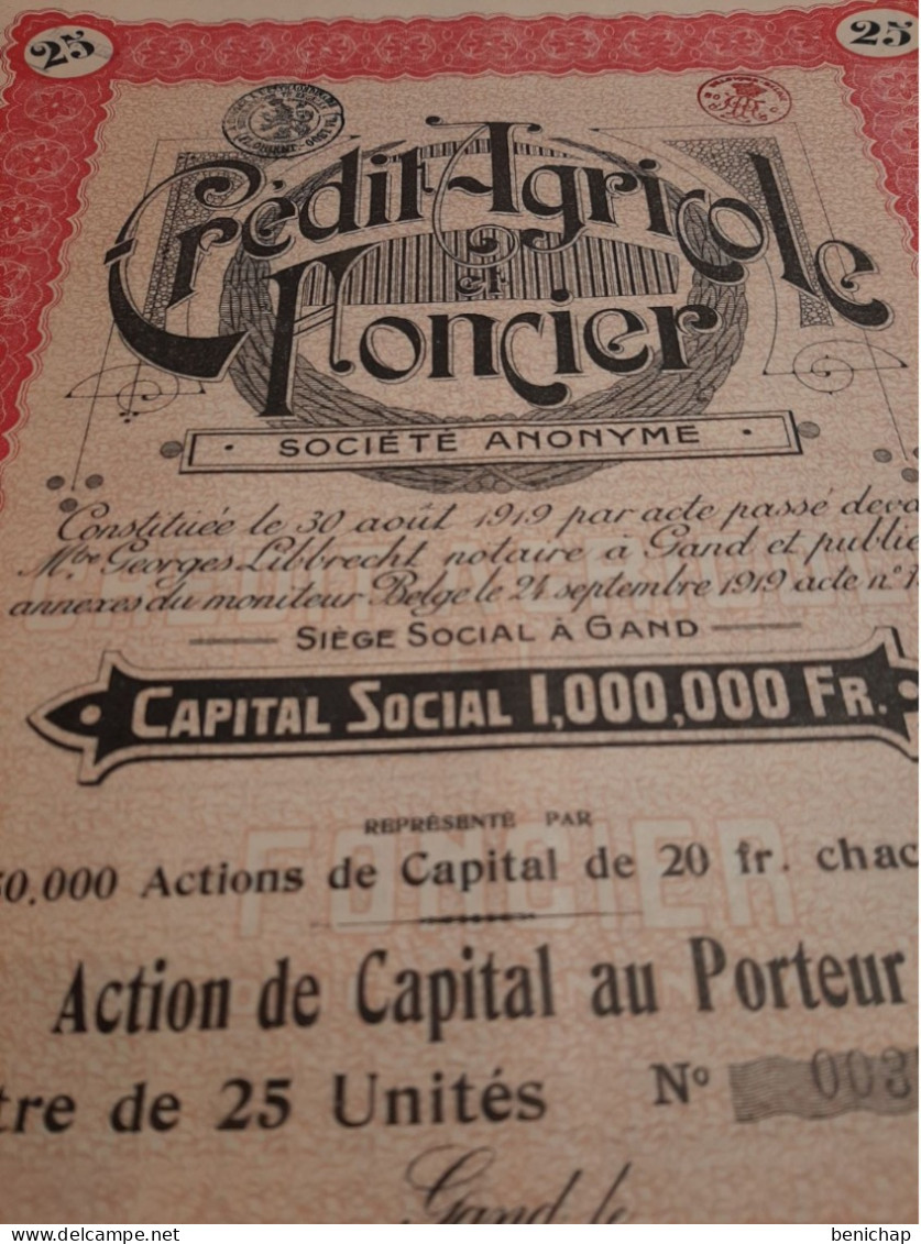 Crédit Agricole Et Foncier S.A. - Action De Capital Au Porteur - Titre De 25 Unités - Gand Le 24 Septembre 1919. - Banque & Assurance