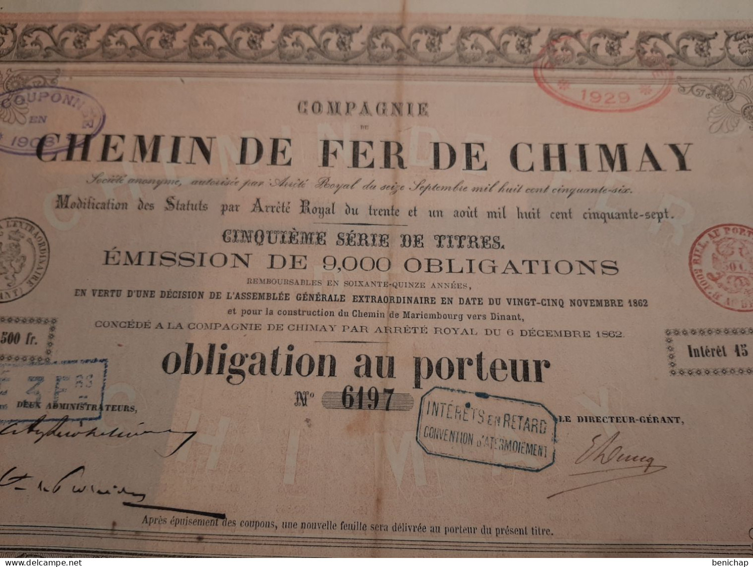 Comppagnie Du Chemin De Fer De Chimay - Obligation Au Porteur - 5ème Série De Titres - Chimay 6 Décembre 1862. - Ferrocarril & Tranvías