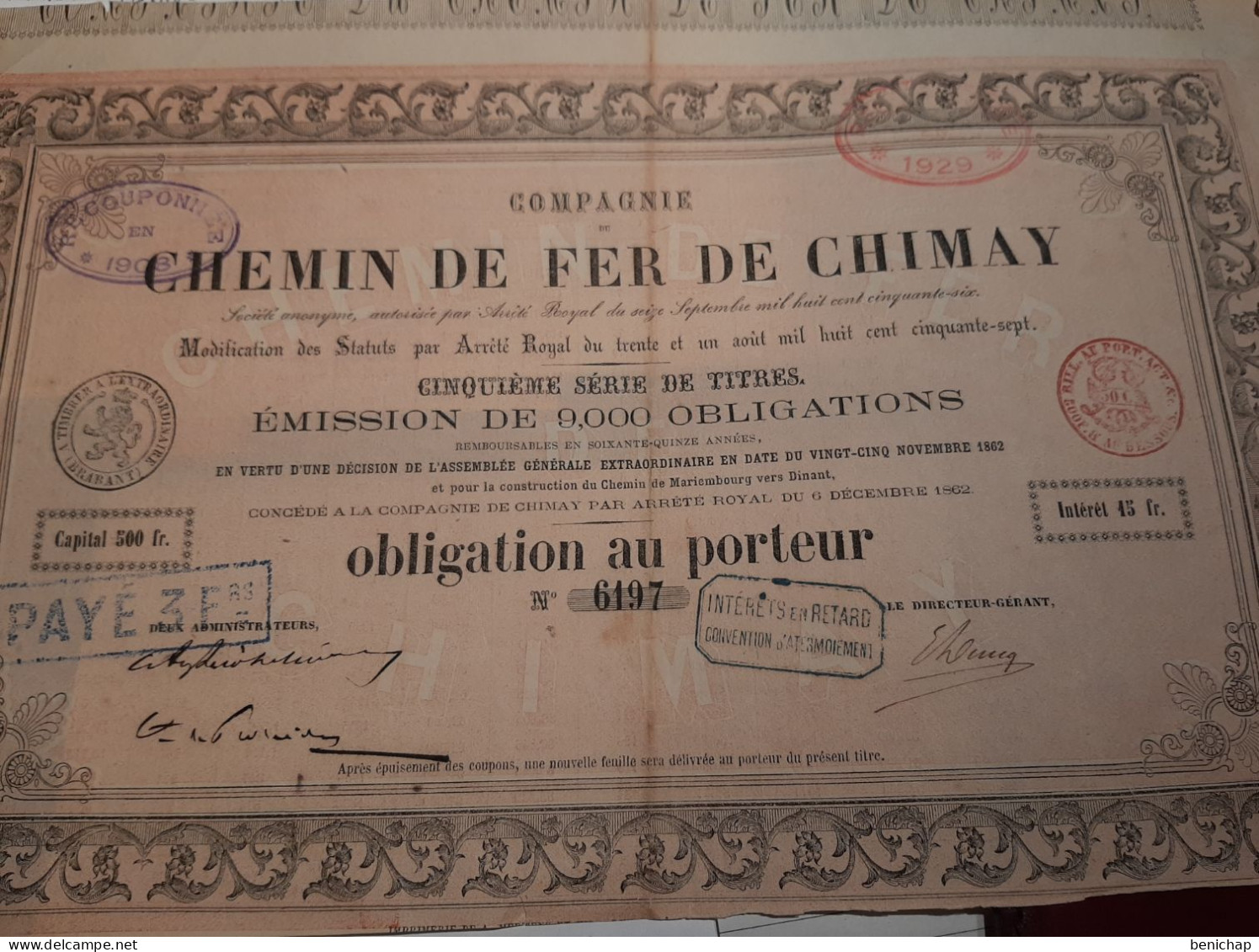 Comppagnie Du Chemin De Fer De Chimay - Obligation Au Porteur - 5ème Série De Titres - Chimay 6 Décembre 1862. - Chemin De Fer & Tramway