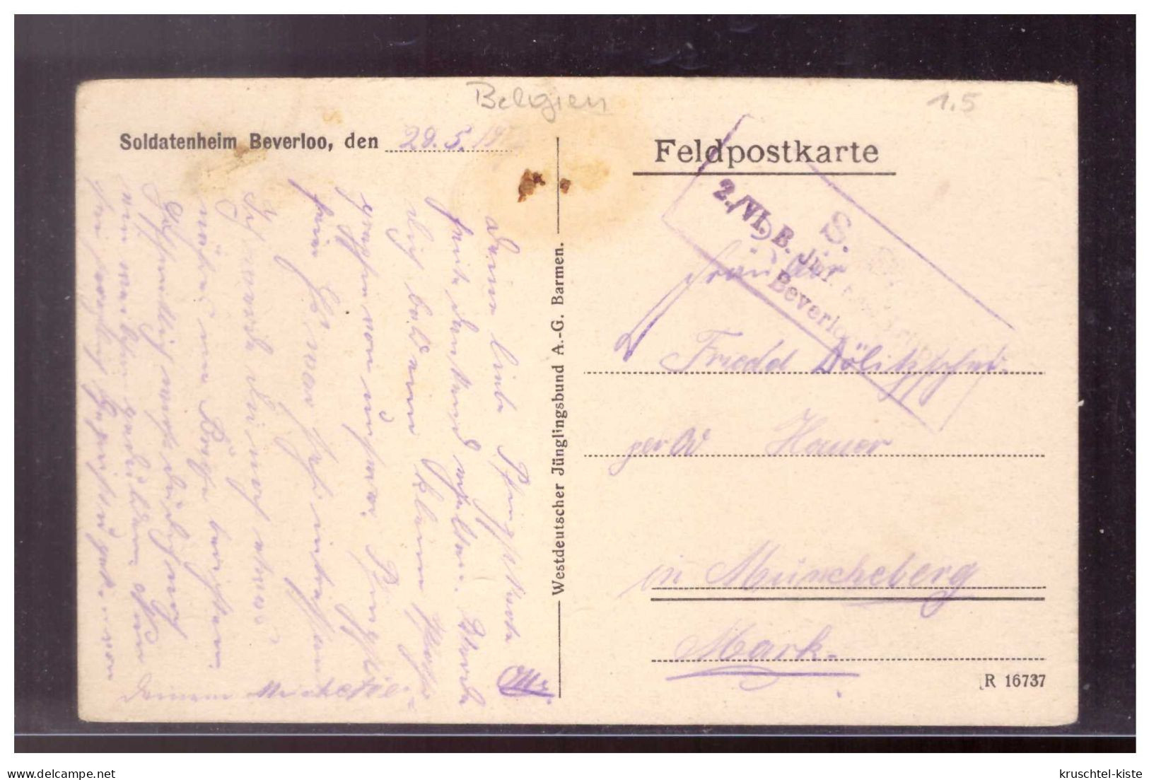 Belgien (021626) Propaganda AK Soldatenheim, Beverloo, Gelaufen Feldpost29.5.1917 - Beringen