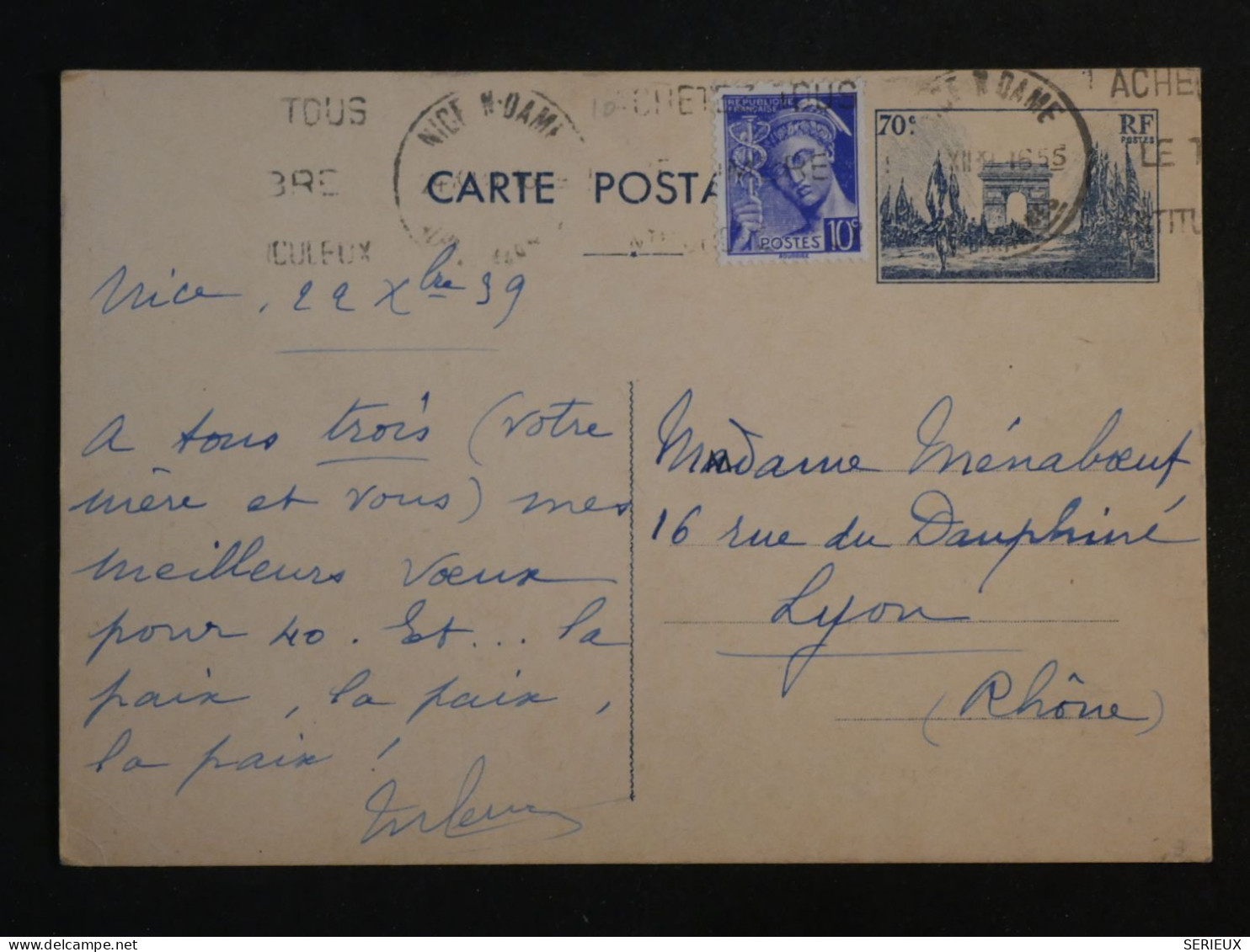 BQ 8 FRANCE BELLE CARTE ENTIER ARC TRIOMPHE + 1939 NICE A  LYON ++ AFFR. INTERESSANT+ + - Other & Unclassified