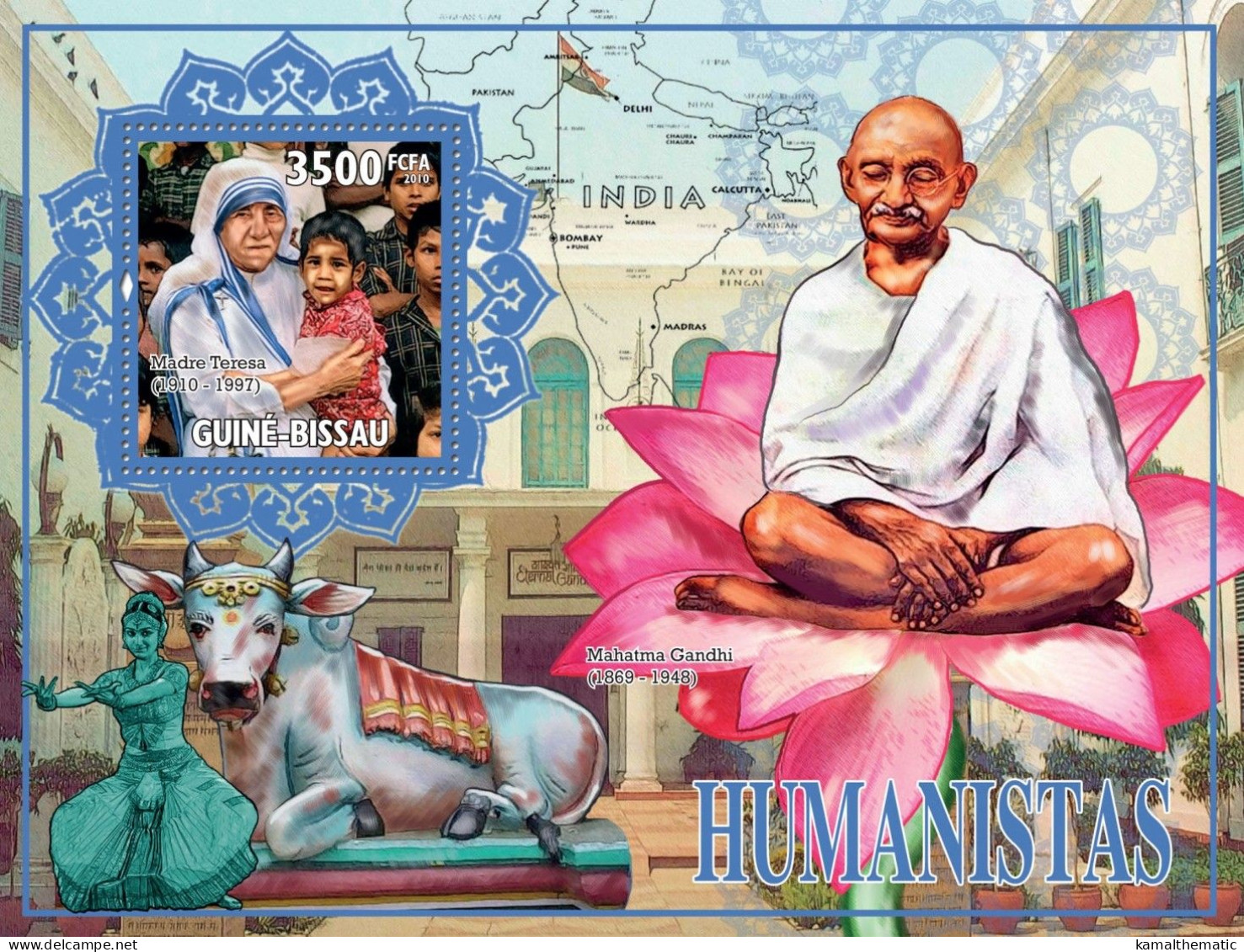 Guinea Bissau 2010 MNH MS, Humanists, Gandhi, Mother Teresa, Nobel, Lord Krishna, Maps - Mutter Teresa