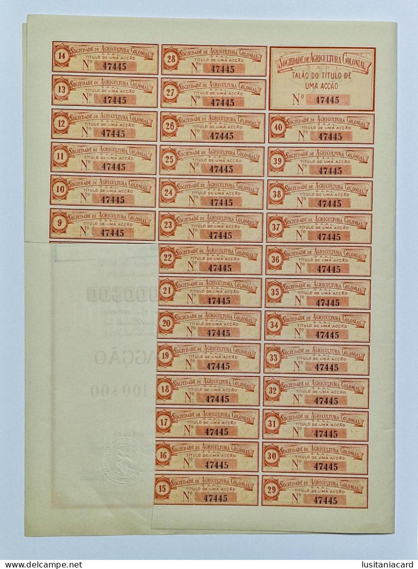 PORTUGAL- LISBOA- Sociedade De Agricultura Colonial. Titulo De Uma Acção 100$00 - Nº 47445 - 1JUL1954 - Landwirtschaft