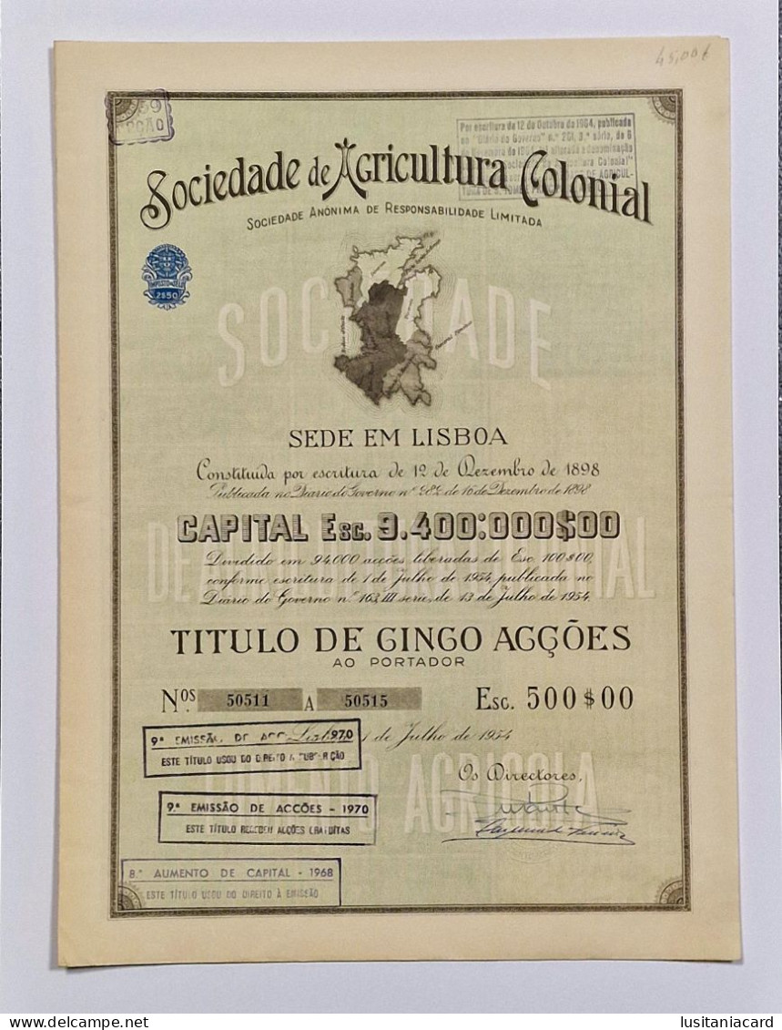 PORTUGAL- LISBOA- Sociedade De Agricultura Colonial. Titulo De Cinco Acções 500$00 - Nº 50511 A 50515 - 1JUL1954 - Landwirtschaft
