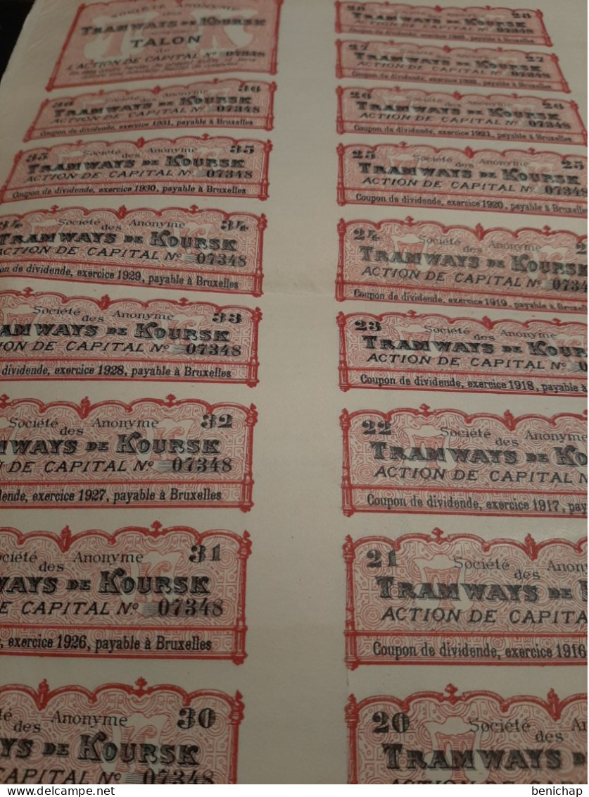 Société Anonyme Des Tramways De Koursk - Russie - Action De Capital Au Porteur - Bruxelles Le 10 Décembre 1895. - Ferrocarril & Tranvías