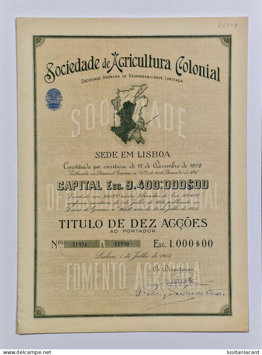 PORTUGAL- LISBOA- Sociedade De Agricultura Colonial. Titulo De Dez Acções 1000$00 - Nº 71921 A 71930 - 1JUL1954 - Agricoltura