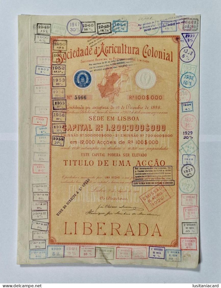 PORTUGAL- LISBOA- Sociedade D'Agricultura Colonial. Titulo De Uma Acção Rs:100$000 - Nº 5466 - 02AGO1900 - Landwirtschaft