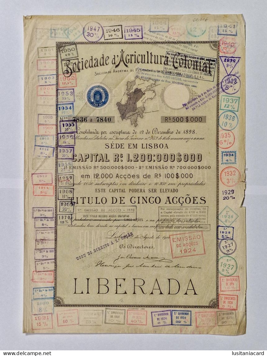 PORTUGAL- LISBOA- Sociedade D'Agricultura Colonial. Titulo De Cinco Acções Rs:500$000 - Nº 7836 A 7840 - 02AGO1900 - Landwirtschaft