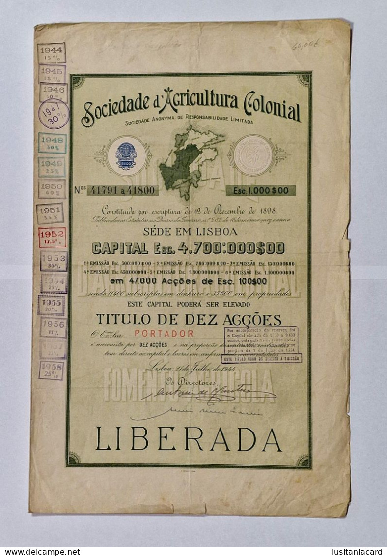 PORTUGAL- LISBOA- Sociedade D'Agricultura Colonial. Titulo De Dez Acções 1000$000 - Nº 41791 A 41800 - 21JUL1944 - Landwirtschaft
