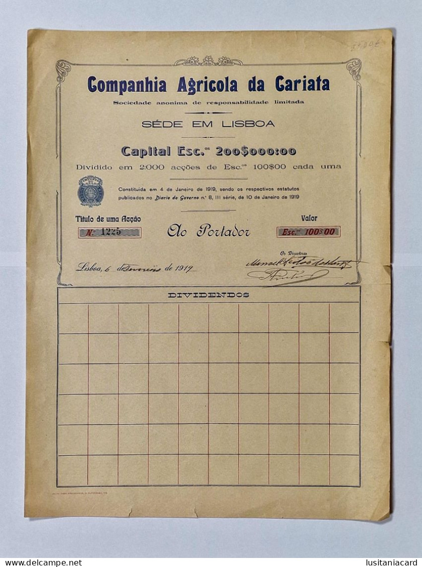 PORTUGAL- LISBOA - Companhia Agricola Da Cariata. Titulo De Uma Acção 100$00 - Nº 1225 - 06FEV1919 - Agricultura