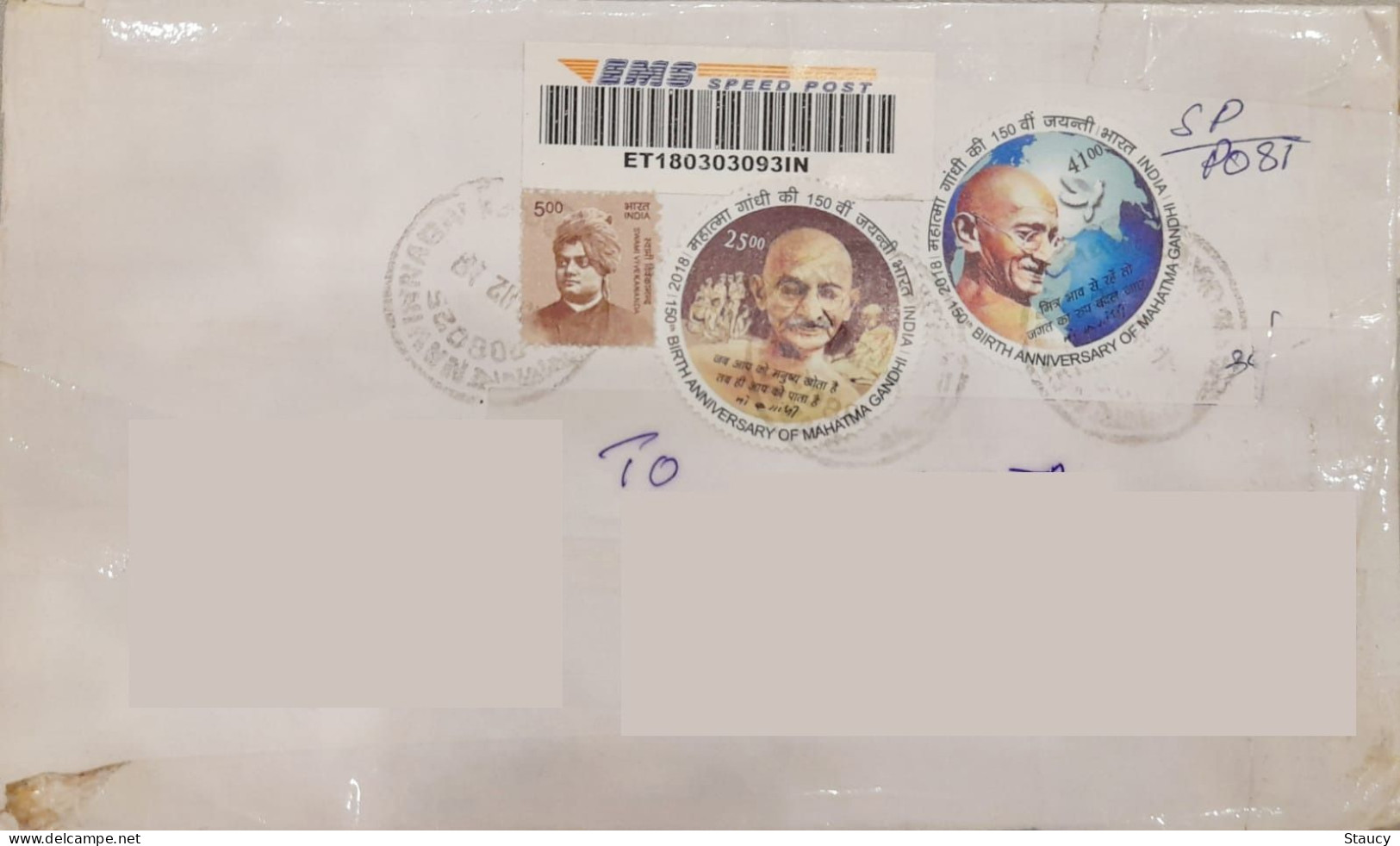 INDIA 2018 Mahatma Gandhi Round Odd Shaped & Swami Vivekananda Stamps Franked On Registered Speed Post Cover As Per Scan - Lettres & Documents