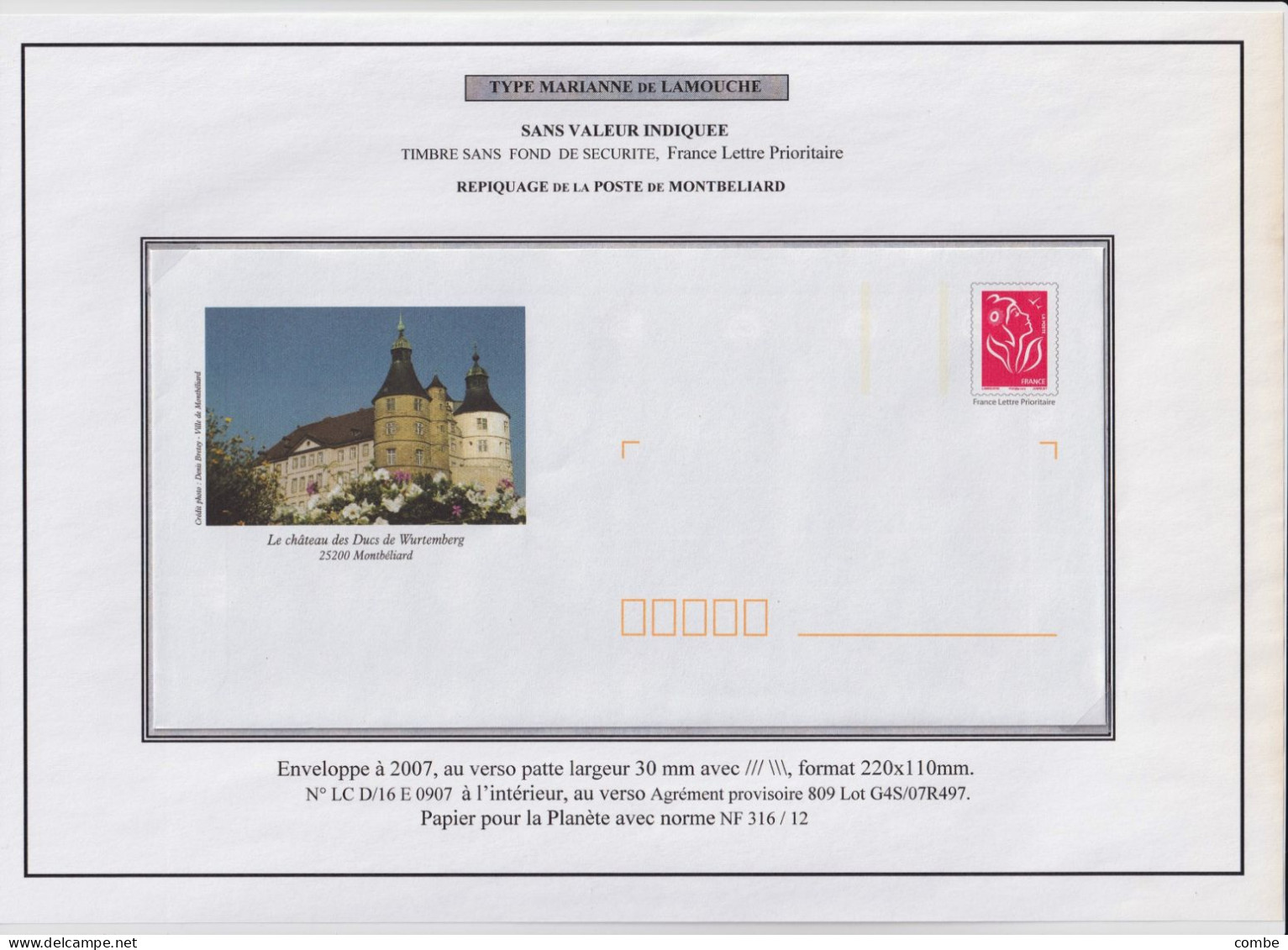 PAP. LAMOUCHE. LE CHATEAU DES DUCS DE WUTEMBERG  25200 MONTBELIARD. 2007 - PAP: Ristampa/Lamouche