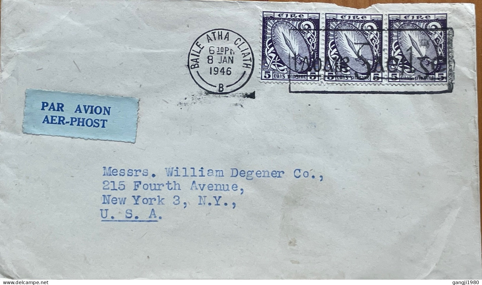 IRELAND 1946 COVER USED TO USA, SWORD OF LIGHT MULTI 3 STAMP, BAILE ATHA CLIATH CITY, MACHINE SLOGAN CANCEL. - Lettres & Documents