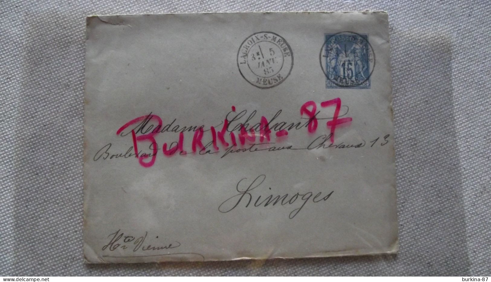 Enveloppe, Entier Postal, 1885, Postée à Lacroix Sur Meuse, Sage 15C Bleu - Buste Ristampe (ante 1955)
