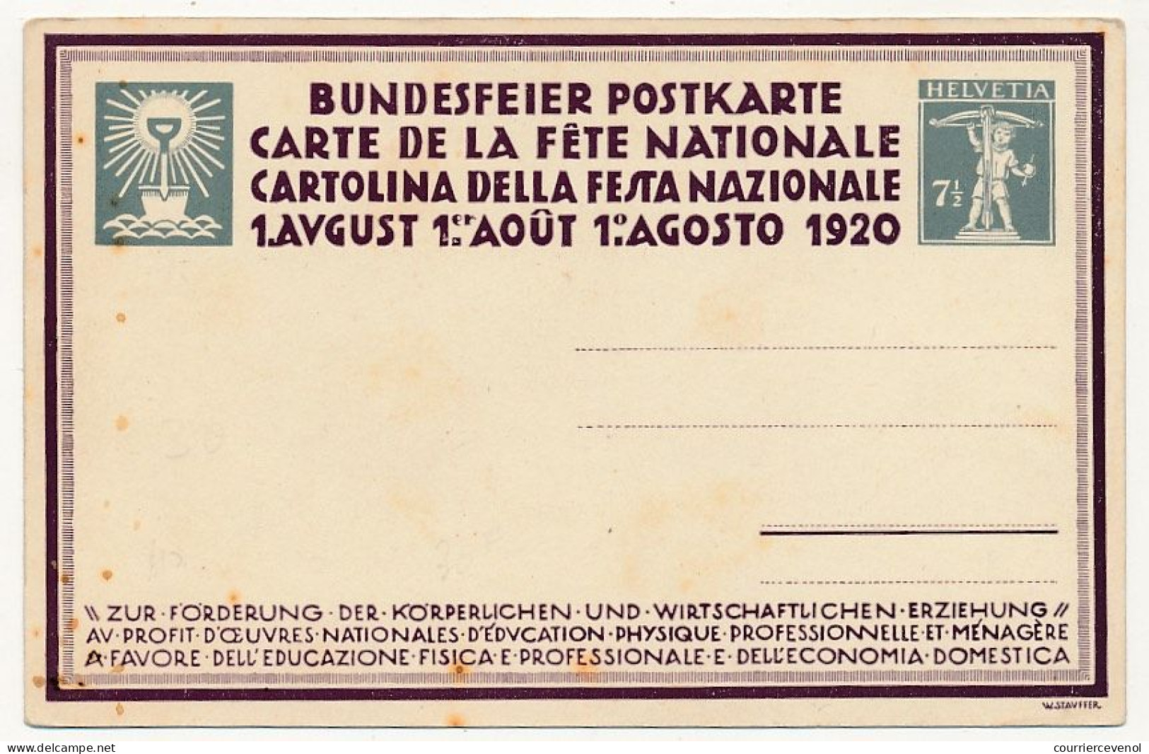 SUISSE - Entier Postal - Bundesfeier 1920 - Fête Nationale, Au Profit D'oeuvres D'éducation Physique... - Enteros Postales