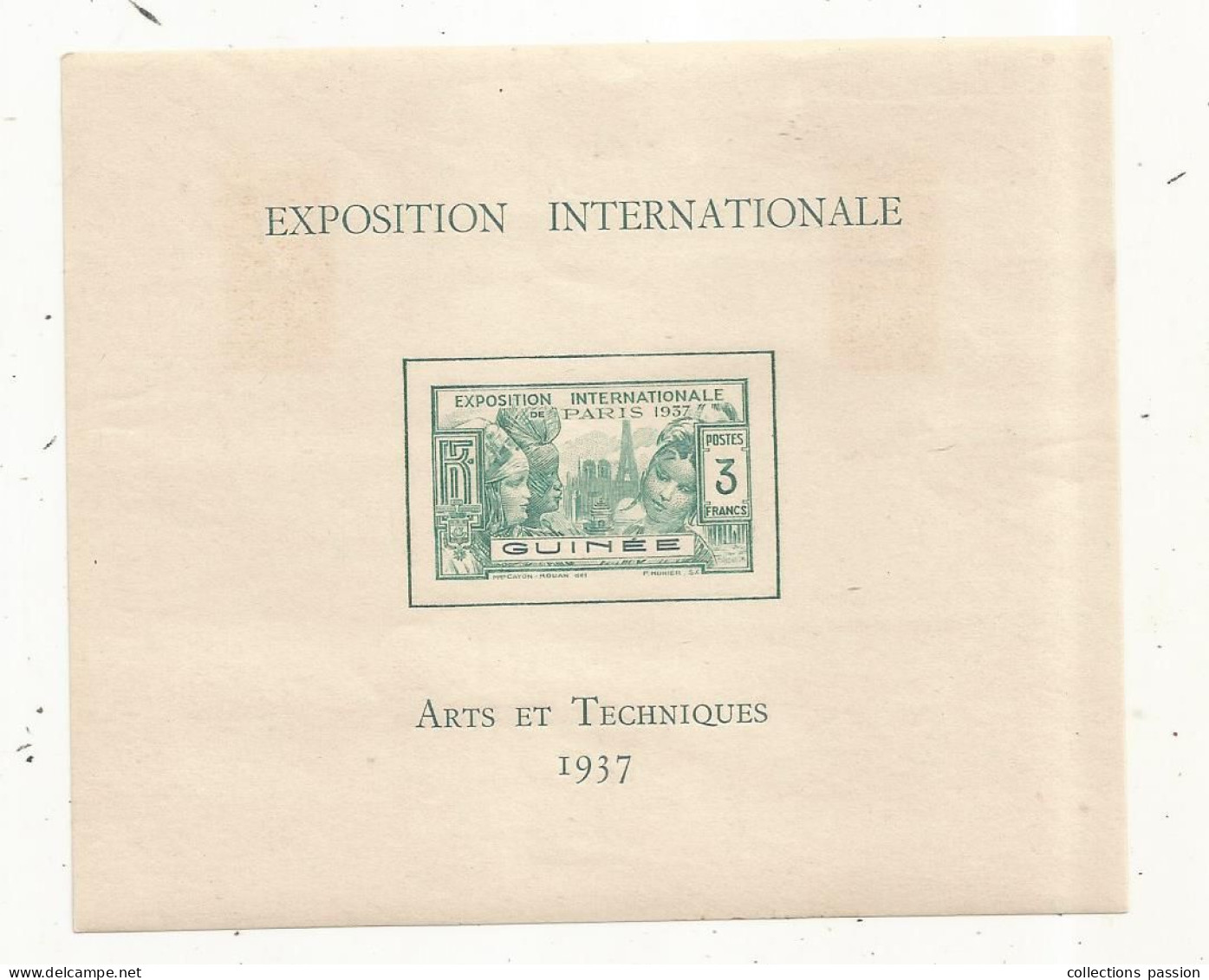 épreuve De Luxe, GUINEE, Exposition Internationale , Arts Et Techniques , Paris 1937, 3 Francs, 2 Scans - Guinée (1958-...)