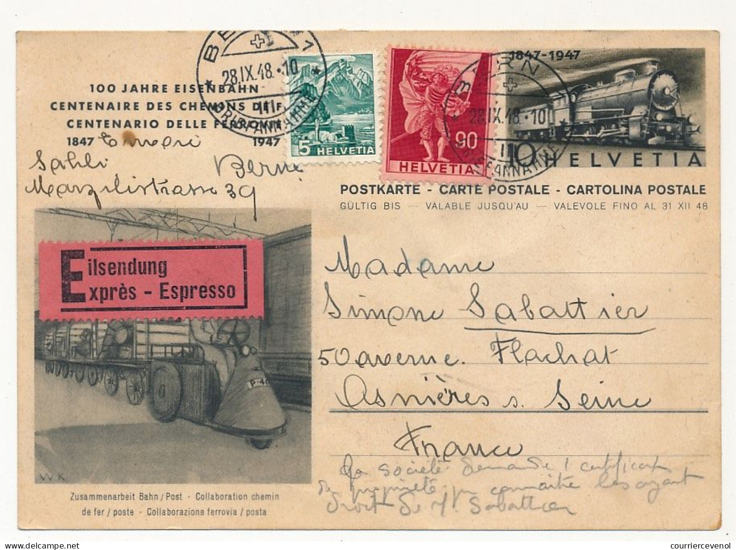 SUISSE - 2 Entiers Postaux (CP) Centenaire Des Chemins De Fer - OMEC Genève 1947 Et EXPRES Affr Compl. Bern 1948 - Interi Postali