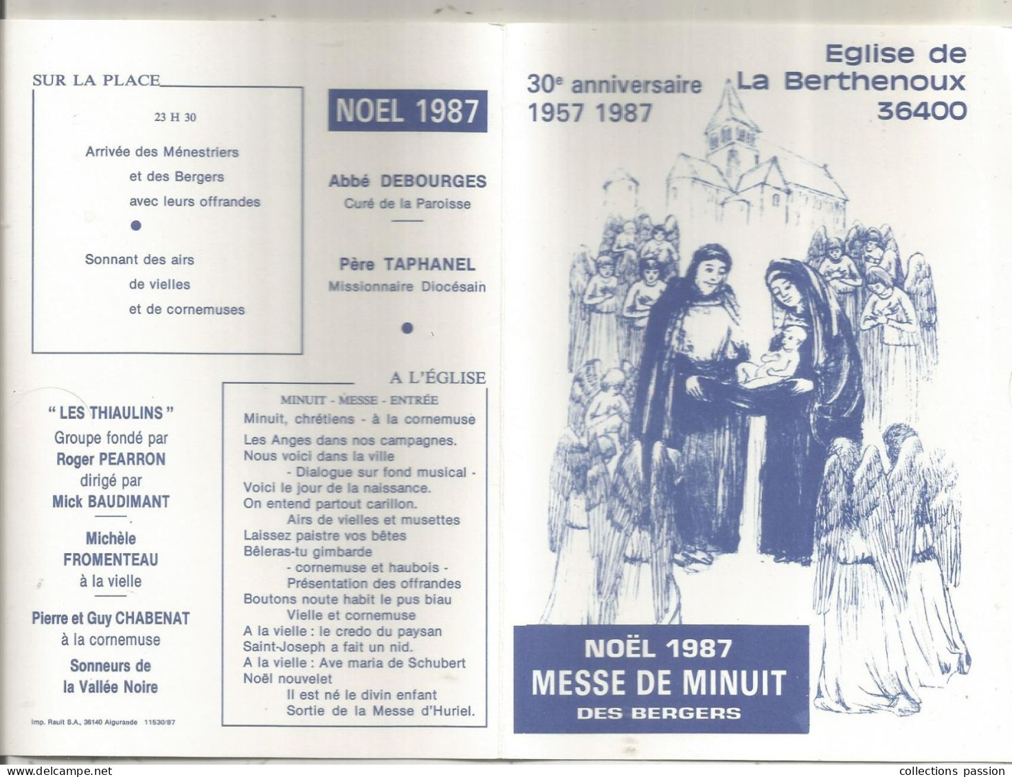 Programme 4 Pages, Noël1987, Messe De Minuit Des Bergers, église De LA BERTHENOUX, 36, Abbé R. Debourges, Frais Fr 1.65e - Programs