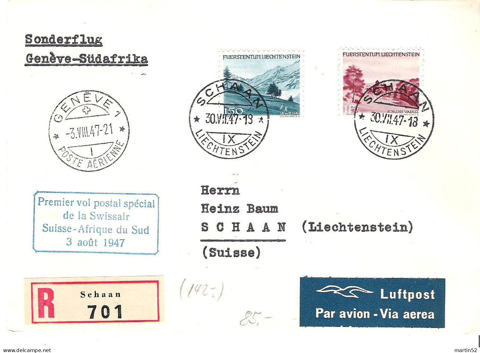 Liechtenstein 1947: Swissair-Erstflug Genève > Afrique Du Sud Zu 199+201 Mi 235+237 Yv 212+214 Mit O SCHAAN 30.VII.47 - Aéreo