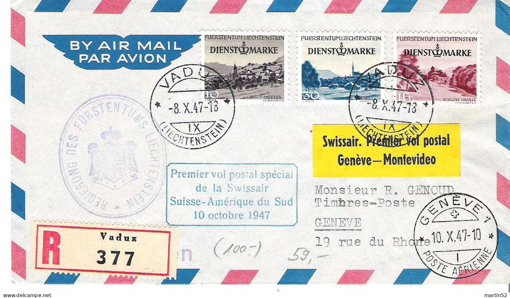 Liechtenstein 1947: RARE Swissair-Erstflug Genève > Montevideo Mit DIENST+MARKE No. 30+32+34 Mit O VADUZ 8.X.47 - Aéreo