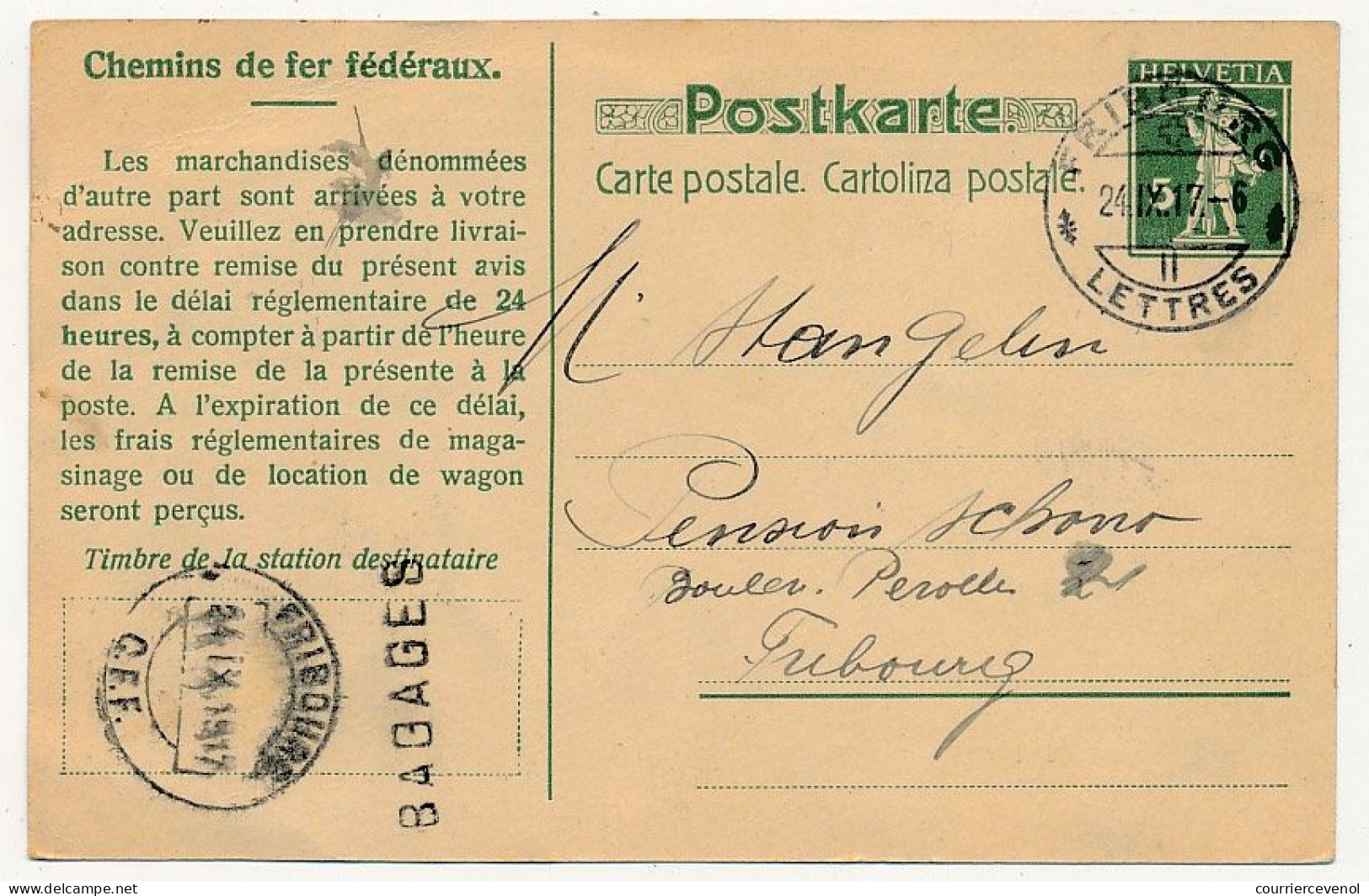 SUISSE - Entier Postal - 50 Chemins De Fer Fédéraux - Avis D'instance De Marchandises - FRIBOURG Bagages 1917 - Interi Postali