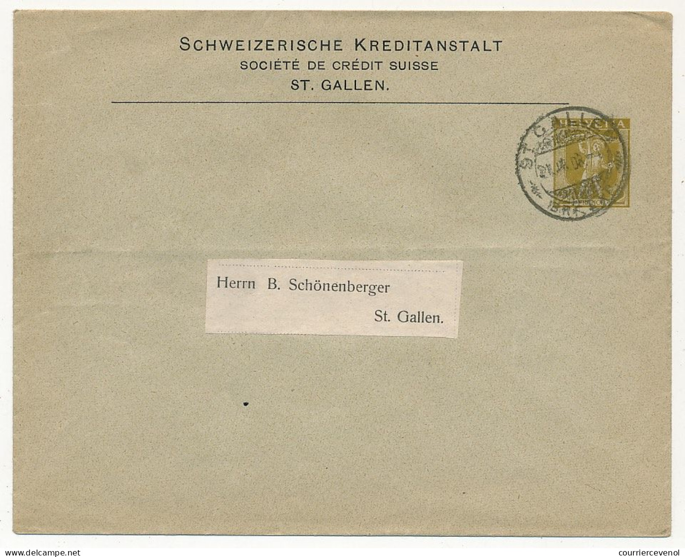 SUISSE - Entier Postal - Enveloppe Schweizerische Kreditanstalt / Société De Crédit Suisse - St Gallen - Entiers Postaux