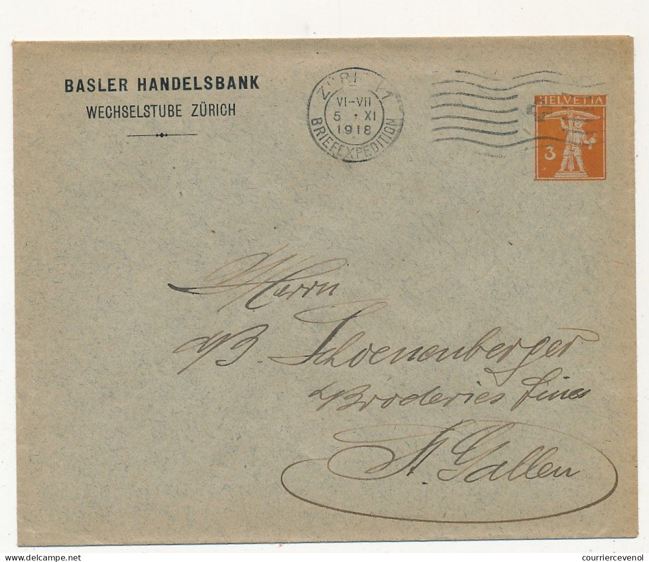 SUISSE - Entier Postal - Enveloppe Basler Handelsbank Wechselstube Zürich - 3c - 1916 - Interi Postali