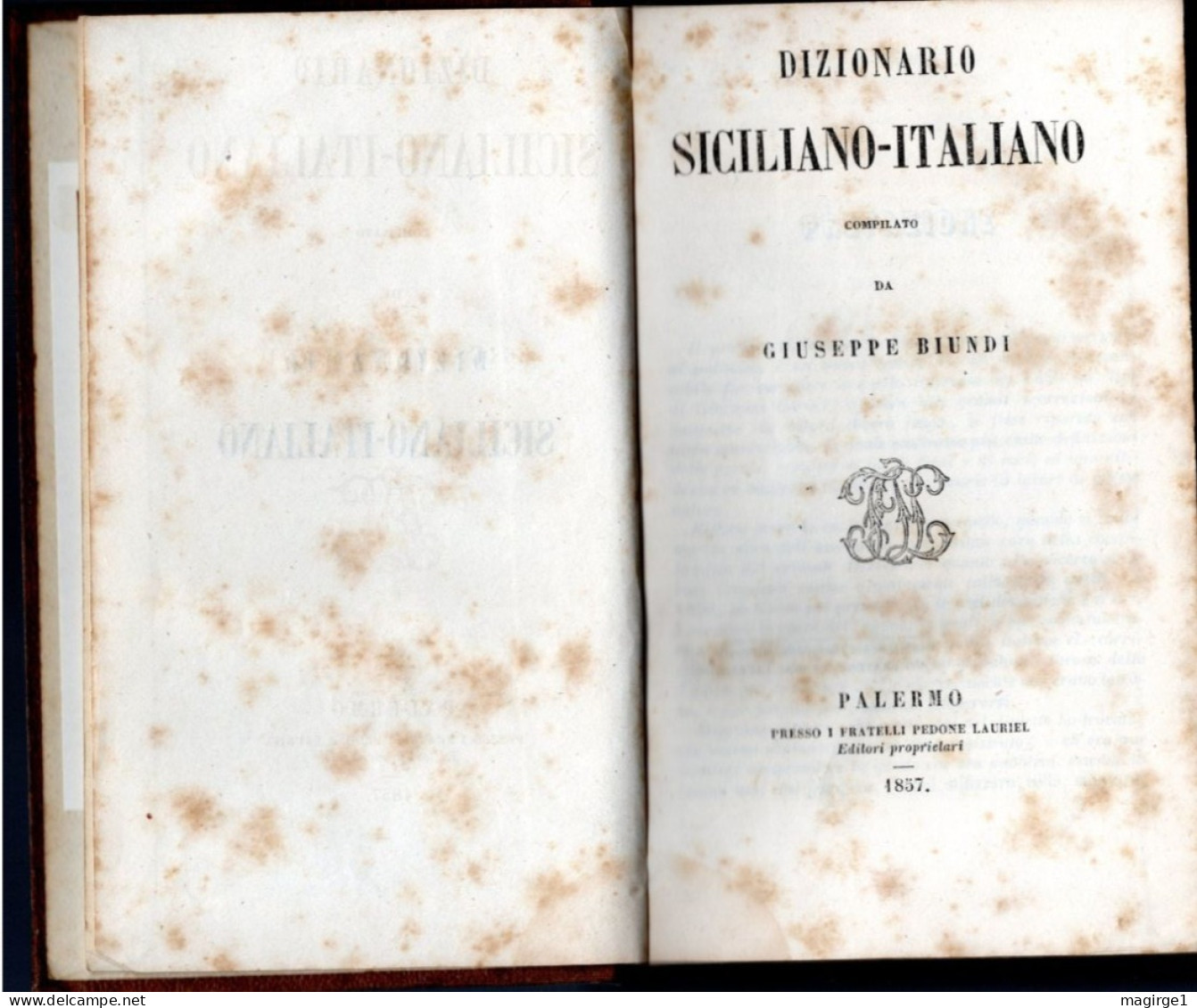 15 - Dizionario Sicilia - Italiano Di Giuseppe Biundi 1857 Stampato A Palermo Libreria Pedone Lauriel - Libri Antichi