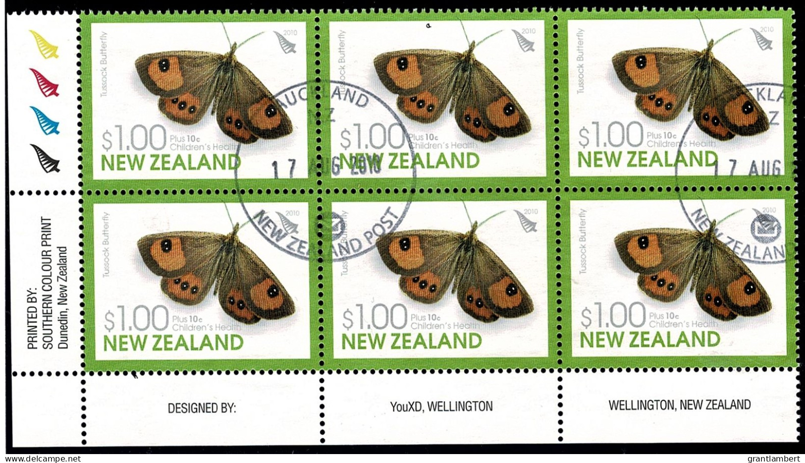 New Zealand 2010 Children's Health - Butterflies $1 Corner Block Of 6 Used - Used Stamps