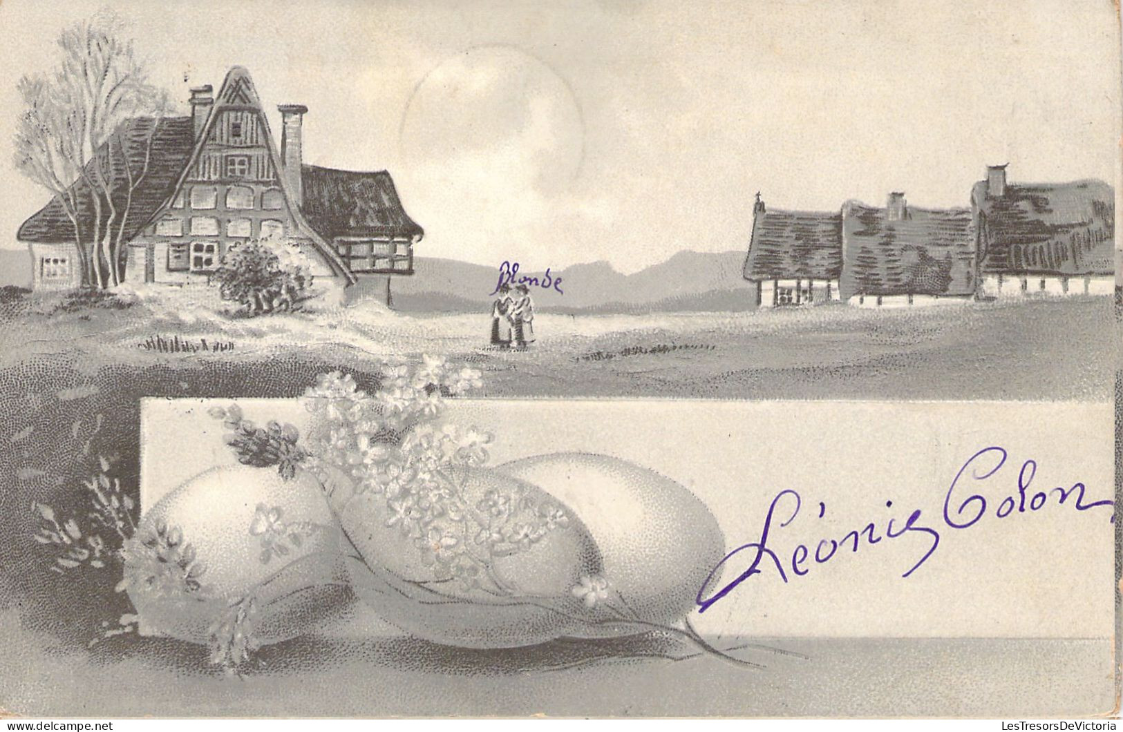 Pâques - Village Oeuf Et Fleurs - Carte Postale Ancienne - Pâques