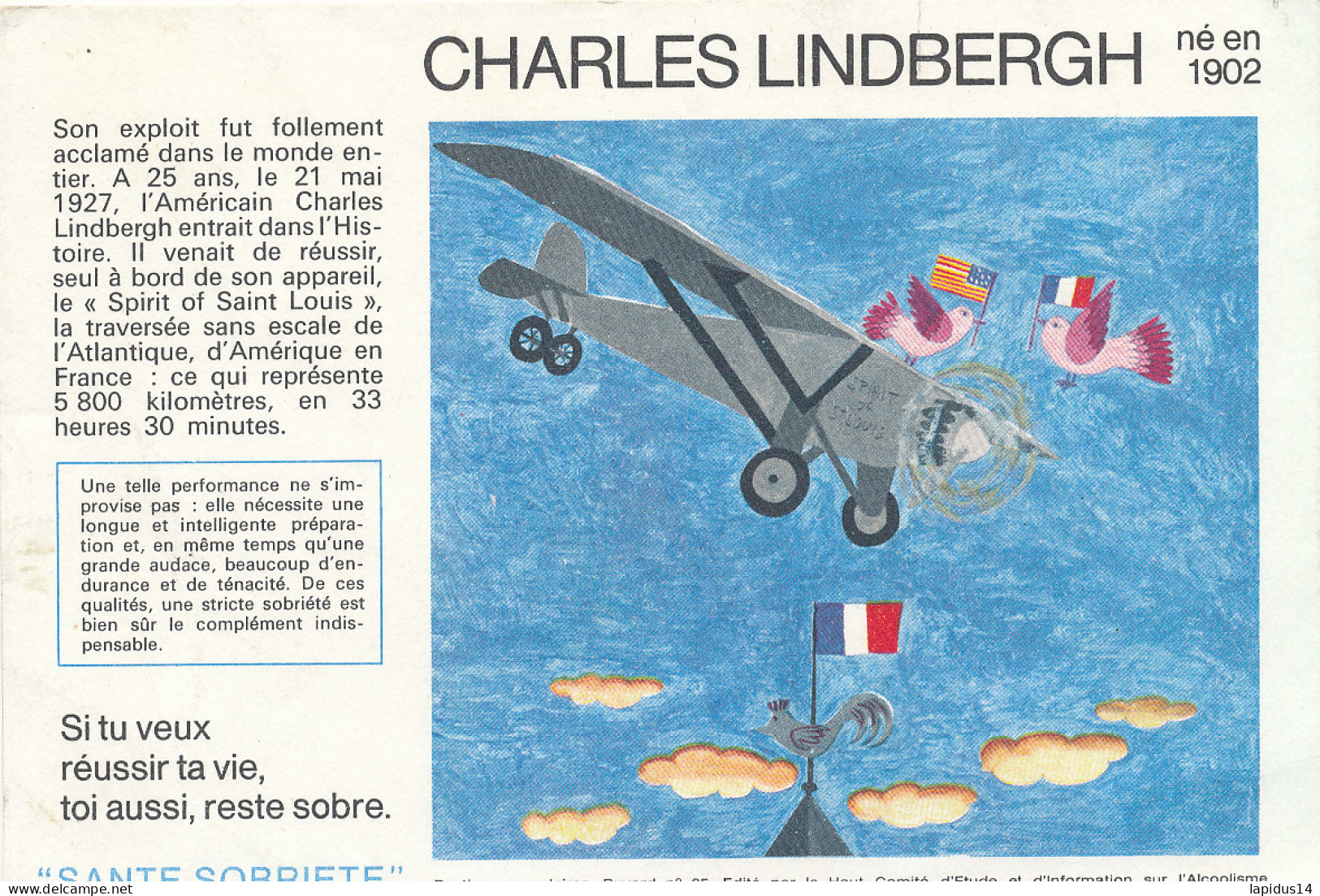 BU 2652  /   BUVARD   CHARLES LINDBERGH  SANTE   SOBRIETE   ( 20,00 Cm X 14,00 Cm) - A