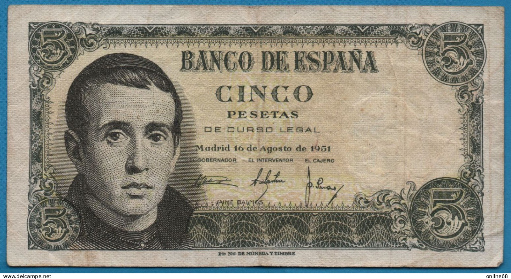 ESPANA 5 PESETAS 16.08.1951 # U4421604 P# 140 Jaime Balmes - 5 Pesetas