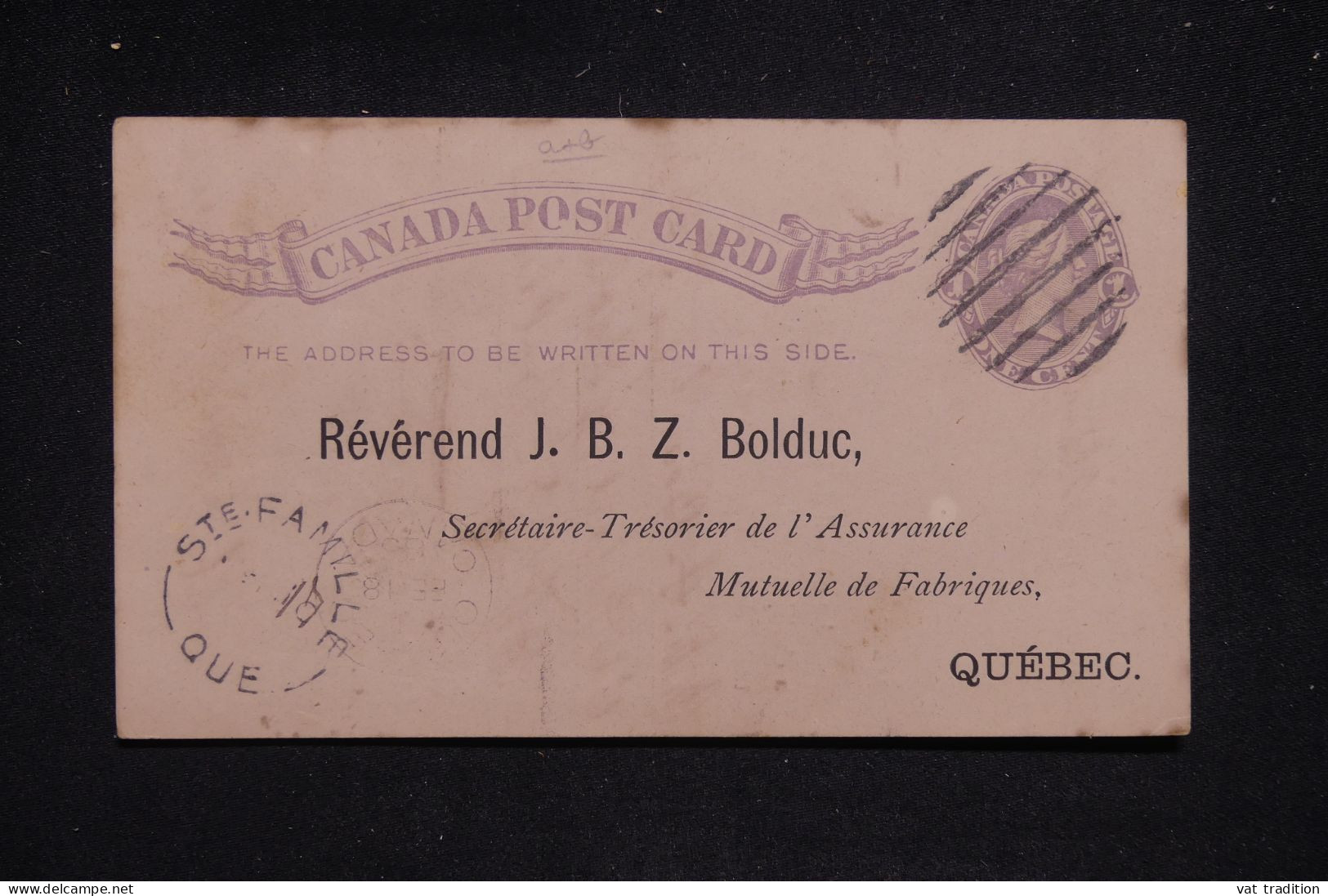 CANADA - Entier Postal Avec Repiquage De La Paroisse De Ste Famille Pour Québec En 1885 - L 142931 - 1860-1899 Reign Of Victoria