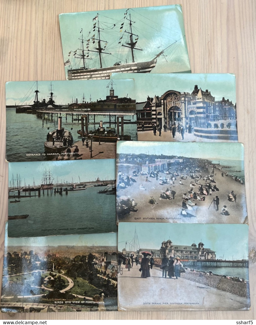 Portsmouth Southsea Beach Barracks HMS Victory Harbour Etc 7 Colour Photo Postcards C.1920 - Portsmouth