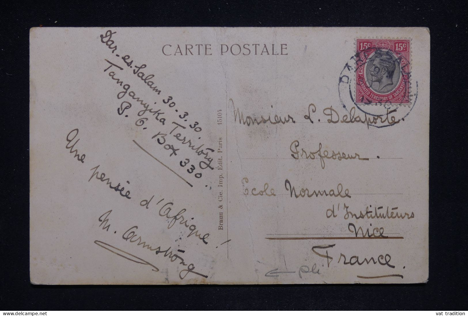 TANGANYIKA - Affranchissement De Dar Es Salam Sur Carte Postale En 1930 Pour La France - L 142957 - Tanganyika (...-1932)