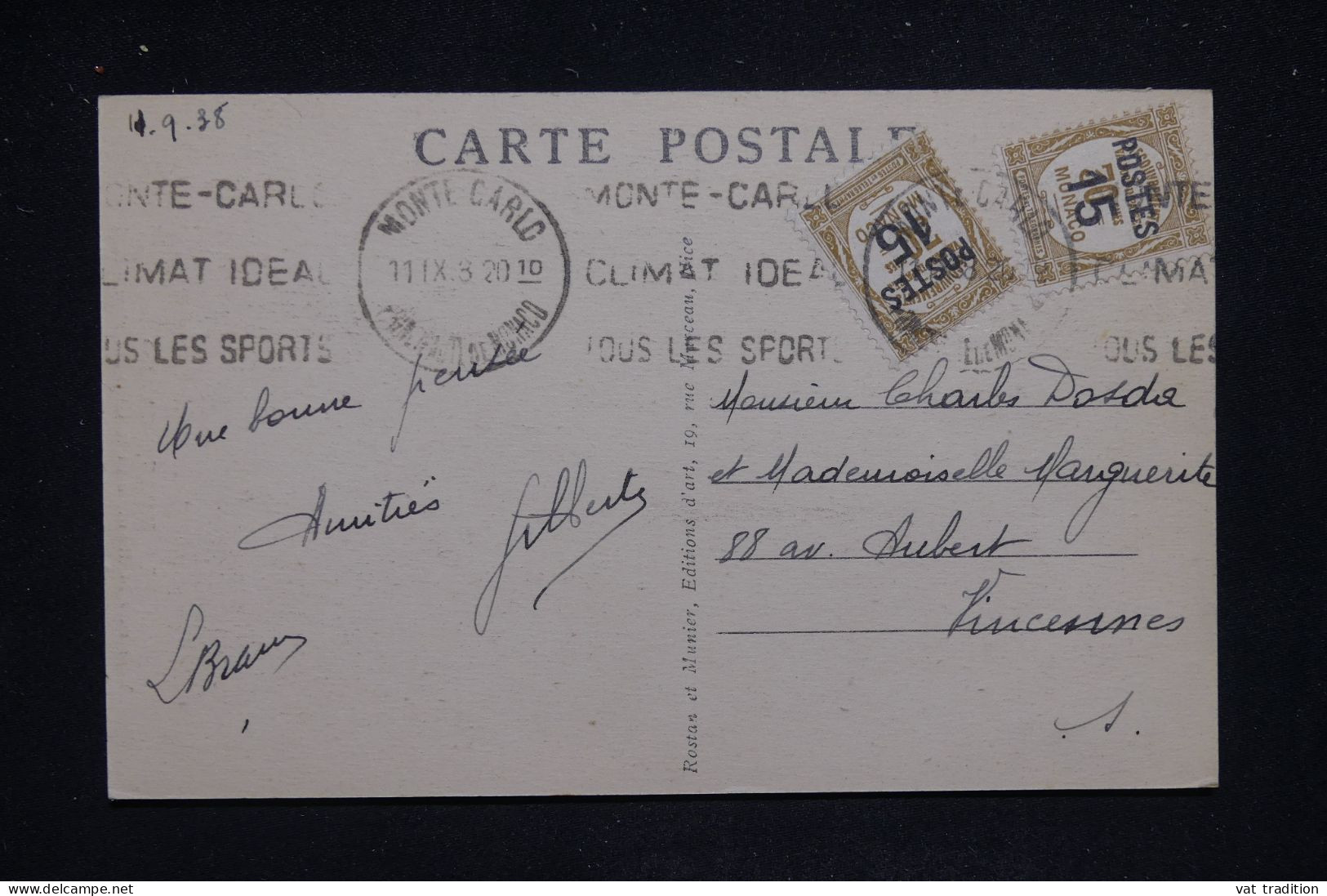 MONACO - Affranchissement Surchargés Sur Carte Postale En 1938 Pour Vincennes - L 142959 - Lettres & Documents