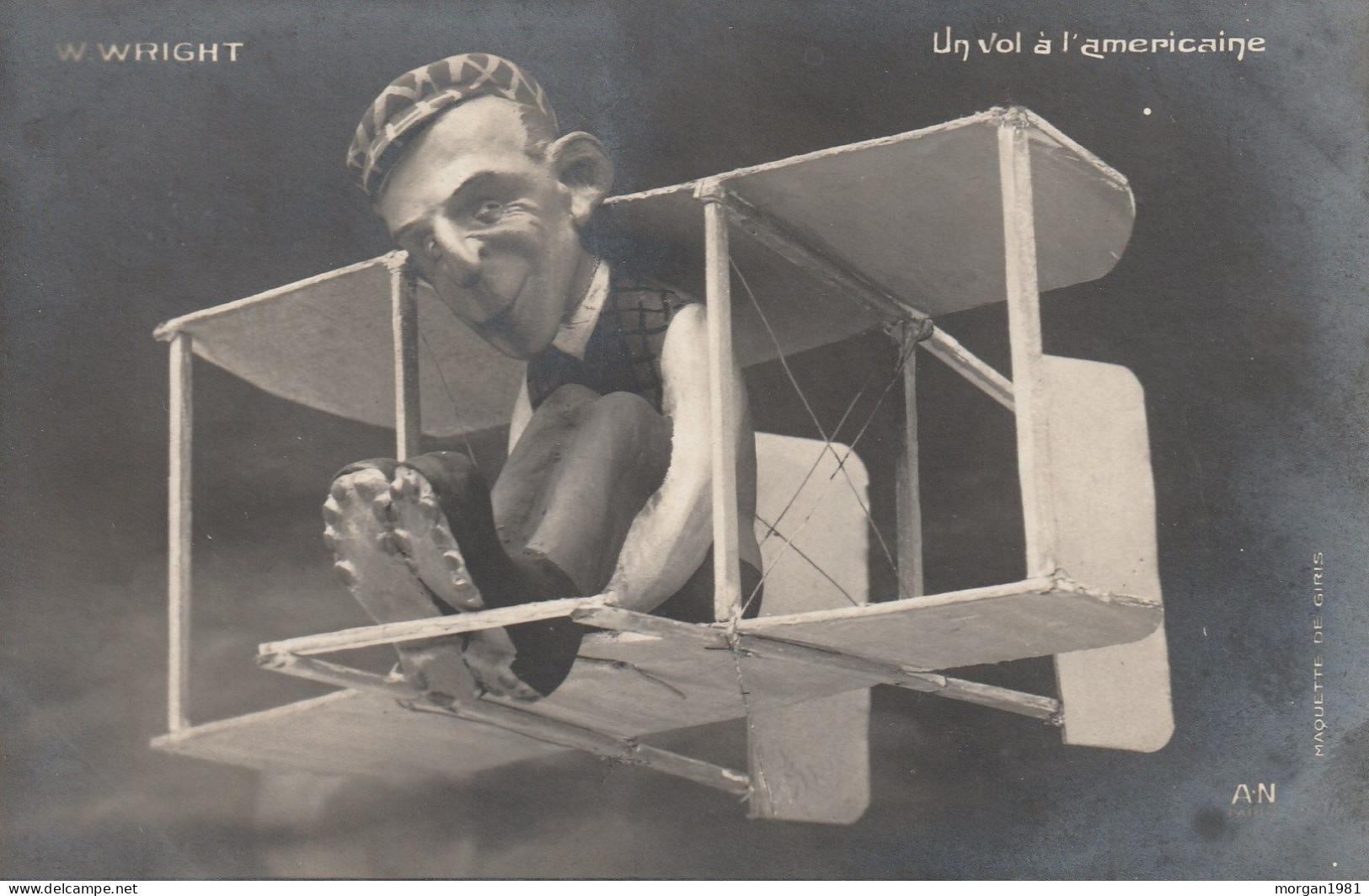 CPA . CARICATURE.MAQUETTE DE GIRIS.   WRIGHT.  UN  VOL  A  L'AMERICAINE - Aviateurs