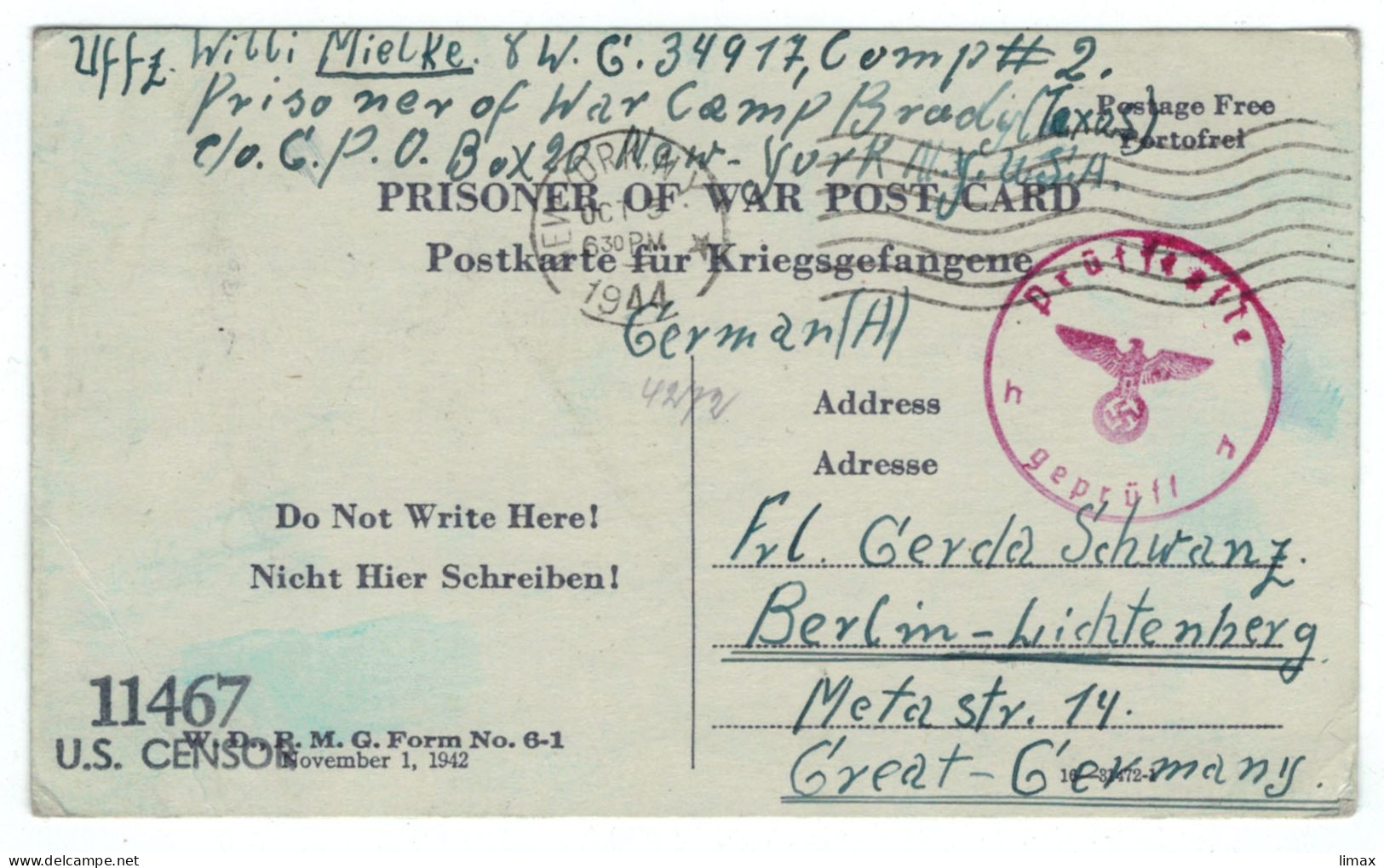 POW WIlli Mielke Camp Brady Texas 1944 > Berlin Lichtenberg - Prüfstelle Geprüft - 1941-60