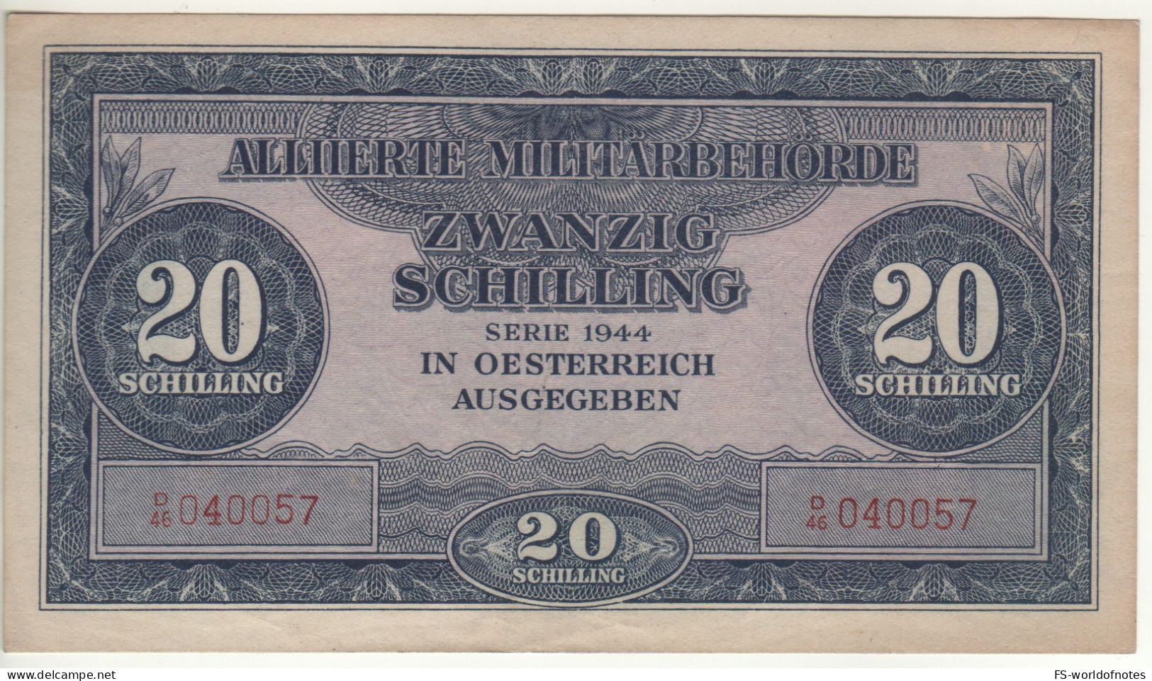 AUSTRIA   20  Schilling   P107    	( Alliierte Militärbehörde  - 1944 ) - Autriche