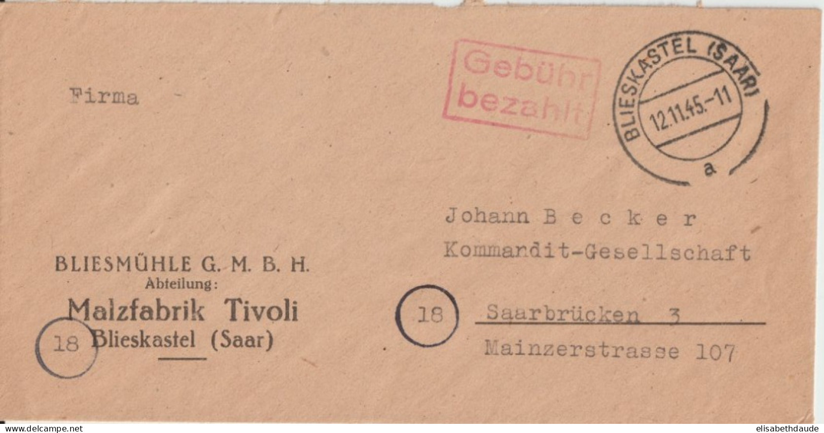 1945 - SAAR / SARRE / ZONE FRANCAISE - OBLITERATION GEBÜHR BEZAHLT ! De BLIESKASTEL - SUP ! - Storia Postale