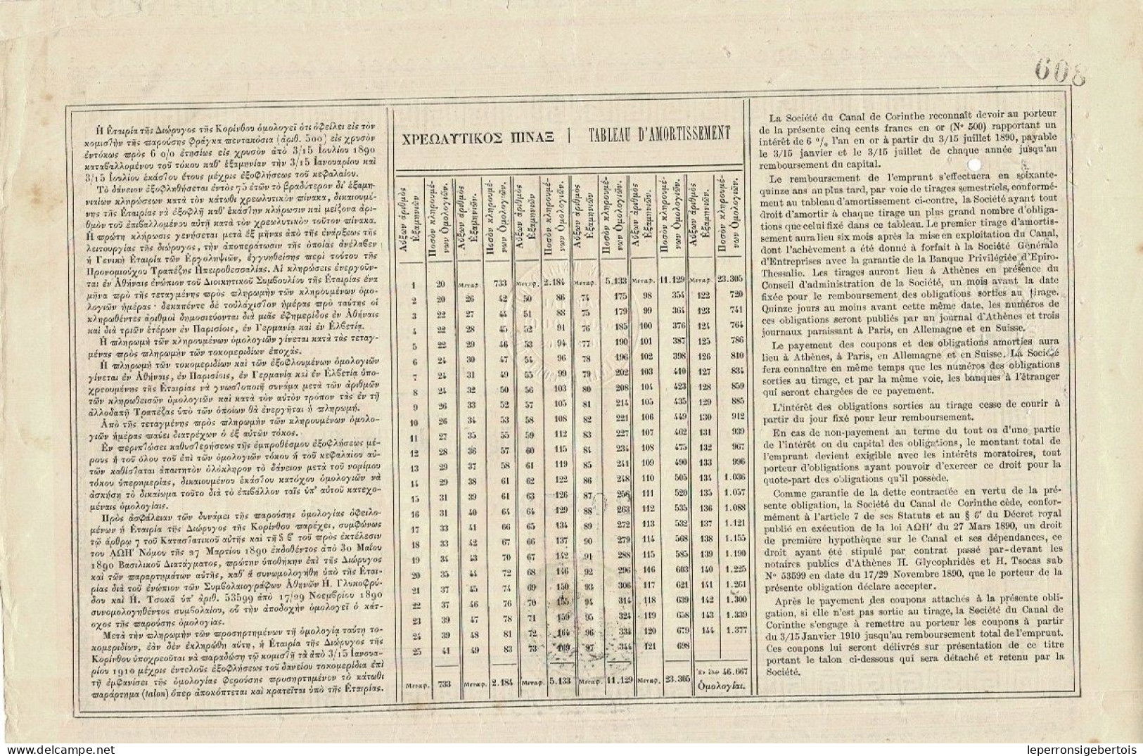 Obligation De 1890 - Société  Hellénique Du Canal  De Corinthe - - Navy