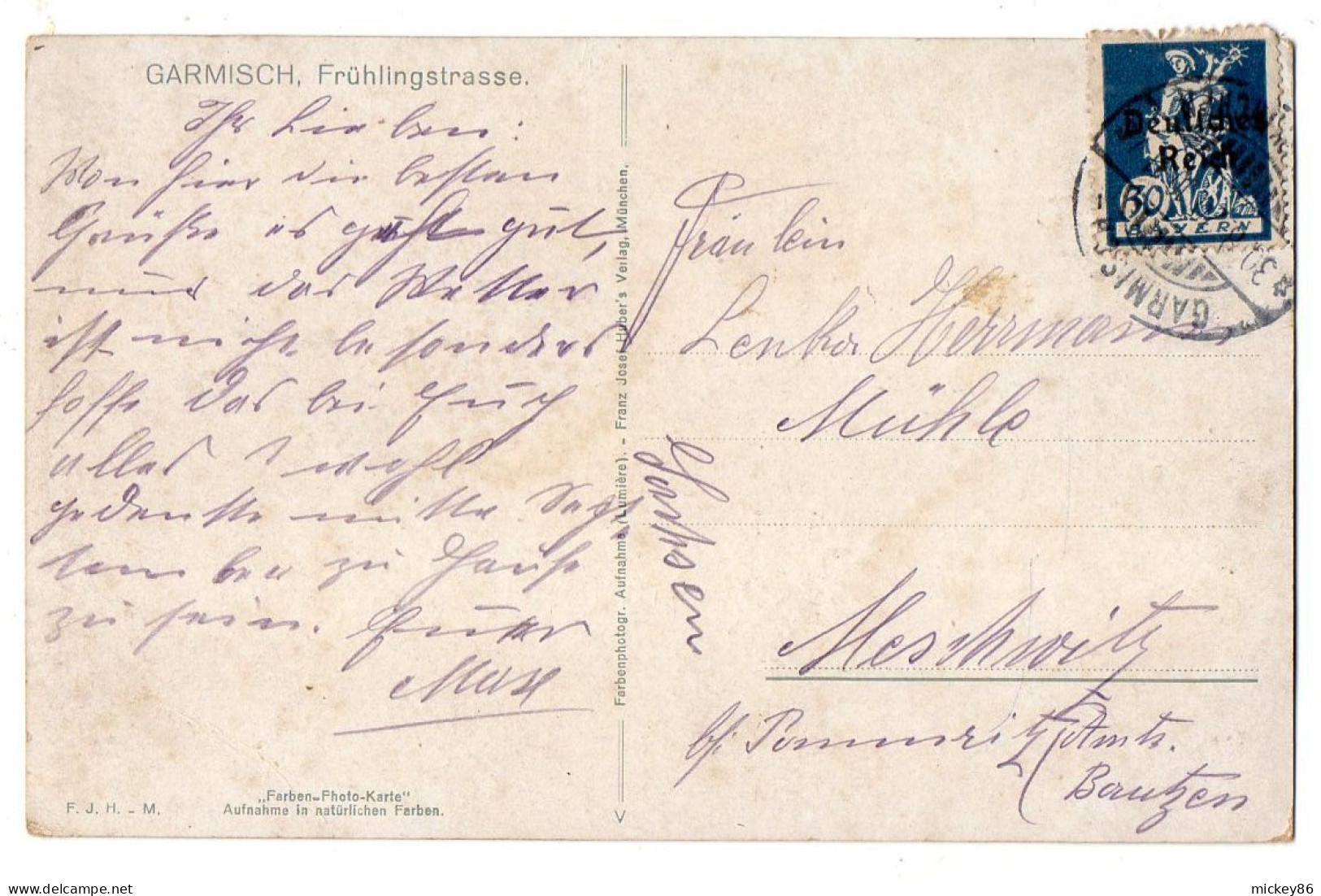 Allemagne --GARMISCH --1920--- Fruhlingstrasse...............colorisée...........timbre  ....cachet - Garmisch-Partenkirchen