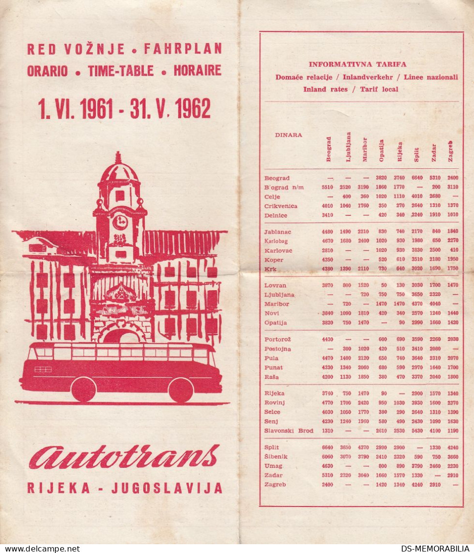Bus Timetable Fahrplan Orario - Autotrans Rijeka Yugoslavia 1961/62 - Europe