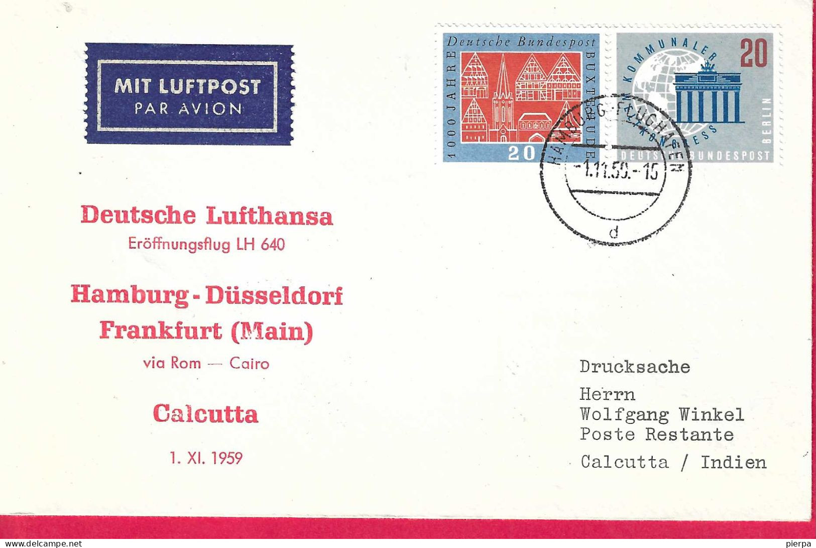 GERMANY - FIRST FLIGHT LUFTHANSA LH640 - FRANKFURT/ CALCUTTA *1.11.59* ON OFFICIAL COVER - Eerste Vluchten