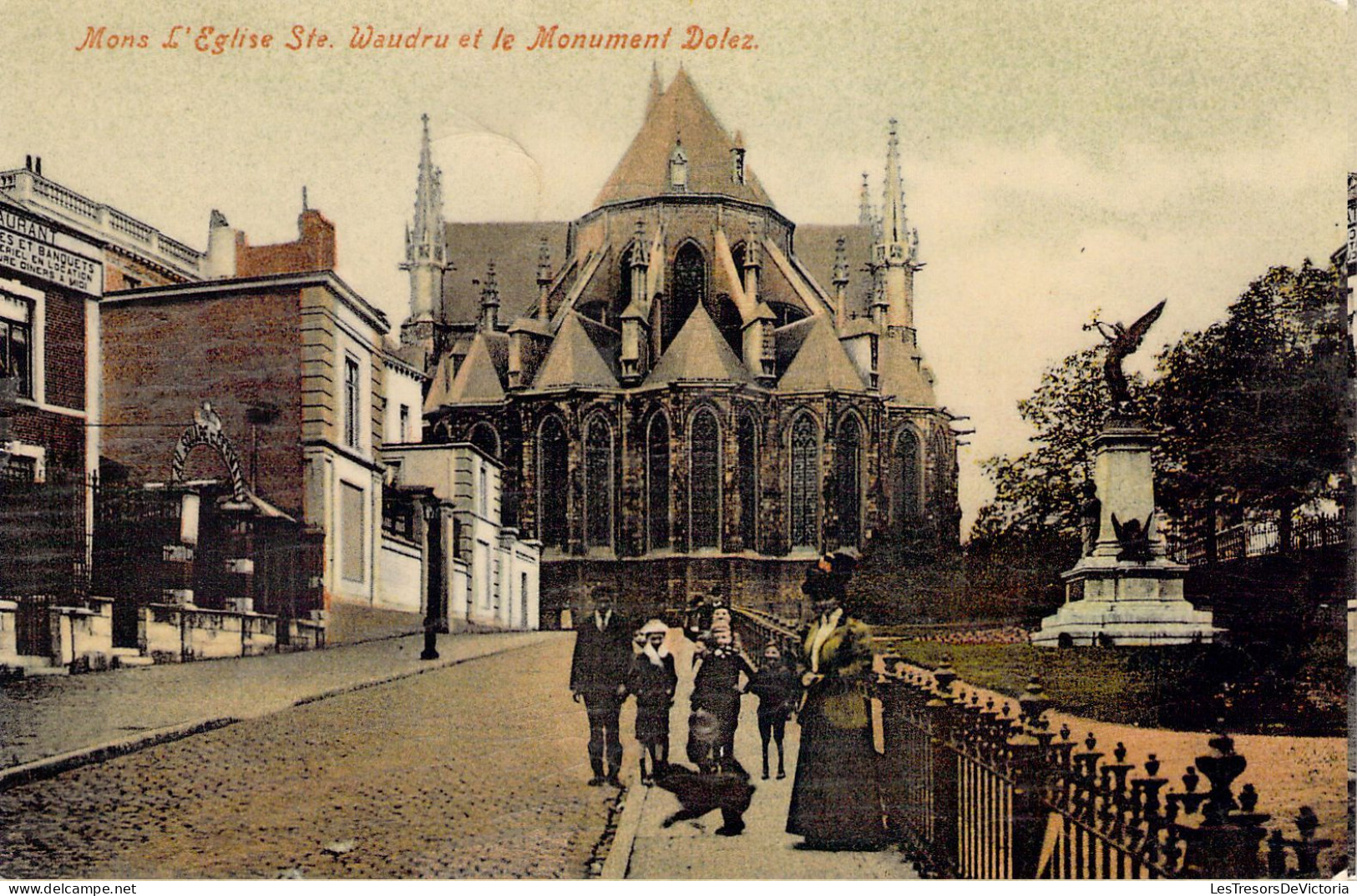 BELGIQUE - MONS - L'église Ste Waudru Et Le Monument Dolez - Animée - Carte Postale Ancienne - Mons