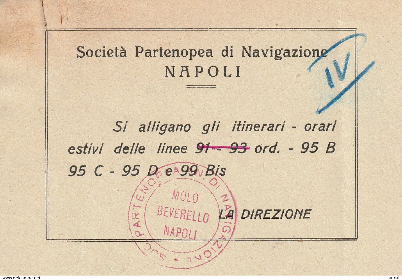 Napoli. SOCIETA' PARTENOPEA DI NAVIGAZIONE (S.P.A.N.). Orario Estivo 1953. INTERESSANTE DOCUMENTO. MOLTO RARO. - Europa