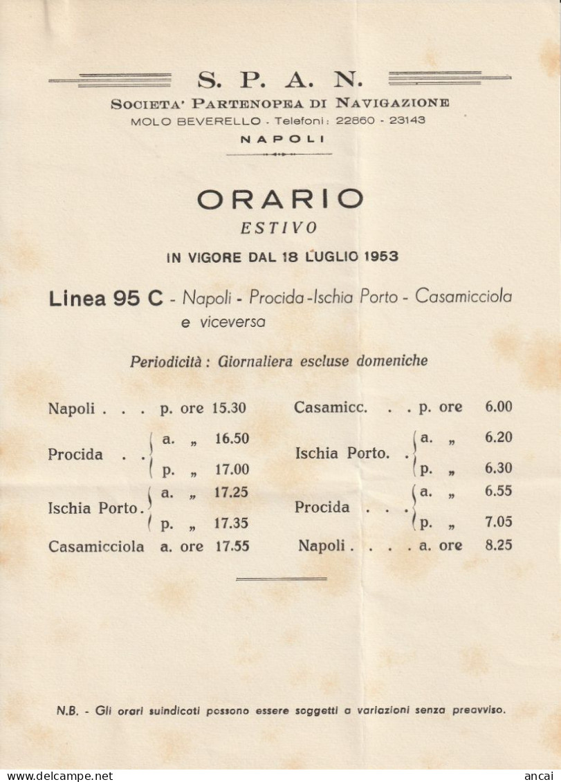 Napoli. SOCIETA' PARTENOPEA DI NAVIGAZIONE (S.P.A.N.). Orario Estivo 1953. INTERESSANTE DOCUMENTO. MOLTO RARO. - Europe